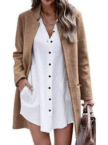 Women's Long Sleeve Stand Collar Mid-Long Open Front Cardigan Overcoat With Zipper Pockets, Fashionable Outerwear BLSO - Khaki - View 1