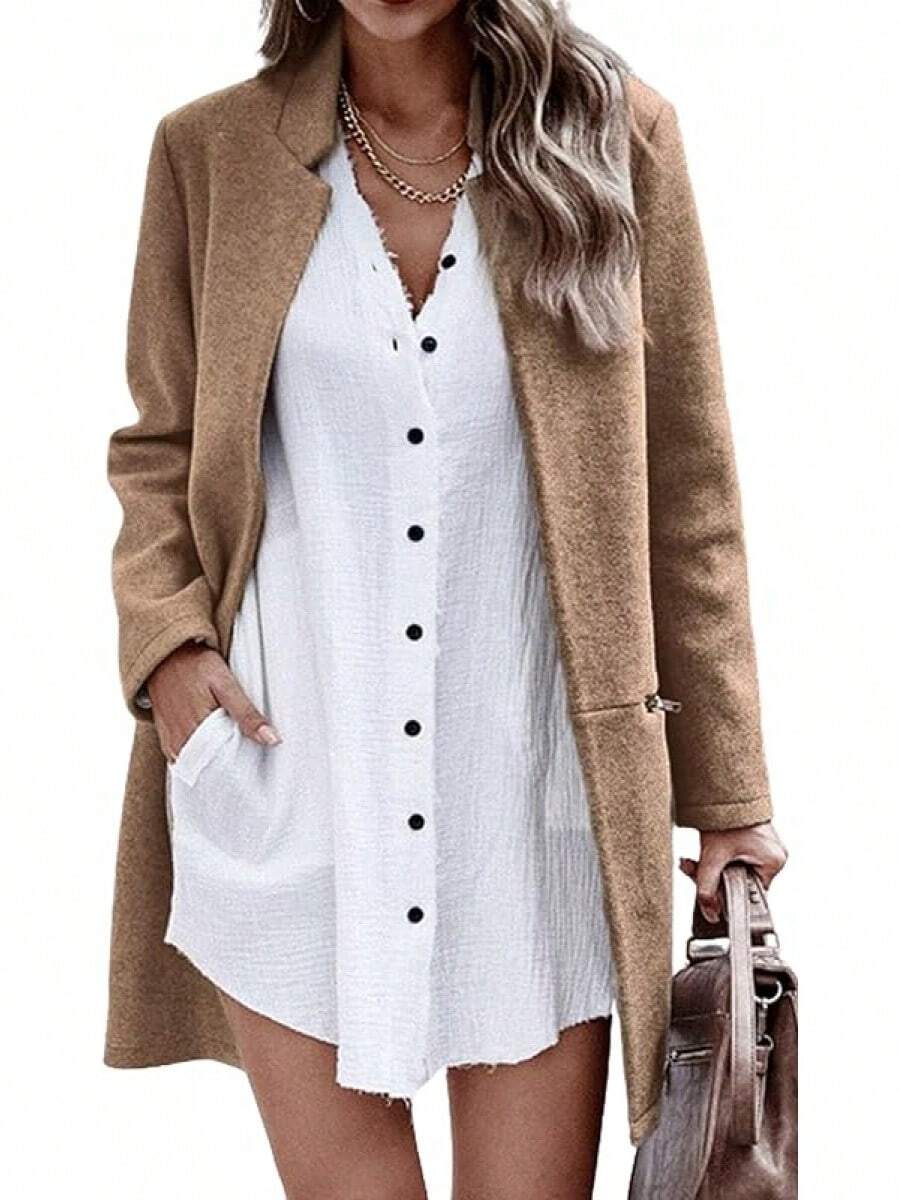 Women's Long Sleeve Stand Collar Mid-Long Open Front Cardigan Overcoat With Zipper Pockets, Fashionable Outerwear BLSO - Khaki - View 1