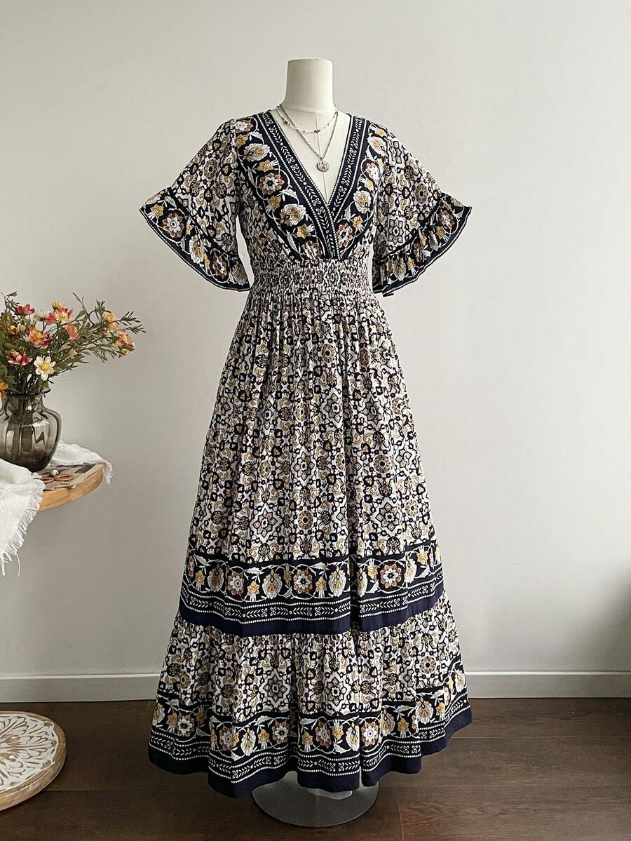 Rusttydustty 女士蓝色印花交叉V领喇叭袖连衣裙,波西米亚音乐节海滩装扮,热带度假风 - 杏黃 - 查看 1