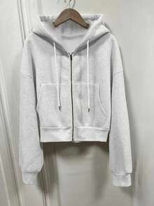 Fashionable Short Zip-Up Fitted Hoodie Jacket, Solid Color - Grey - View 2