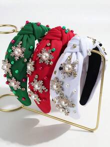 1pc Women's Fashion Wide Band Knotted Rhinestone Snowflake Faux Pearl Christmas Headband, Suitable For Daily And Christmas Wear - Multicolor - View 2