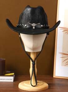 1pc Men's/Women's Black Cowboy Hat With Bull Head Decor & Windproof Chin Strap - Ideal For Western-Themed Events, Rodeos, Outdoor Adventures