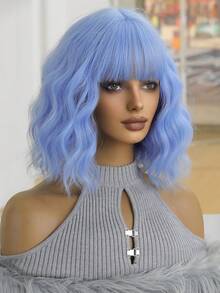 优雅时尚女士假发，14 英寸皇家蓝色耐热合成假发，节日旅行、派对、角色扮演演员假发，日常音乐节、万圣节必备假发 - 寶藍色 - 查看 5