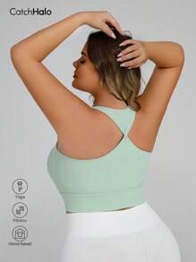 1 件加大码运动文胸，薄荷绿色柔软扭纹背部文胸，高弹力腰带，四向拉伸支撑提升，适合四季健身房瑜伽跑步，女士健身运动文胸