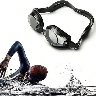 1 副高品质 PC 镜片游泳镜，带双硅胶密封圈、弹性硅胶带、防水男女通用游泳镜