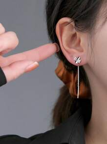 S925 纯银穿线花流苏耳环耳钉，幸运花三叶草设计简约经典风格耳环珠宝适合女性日常佩戴 - 銀色 - 查看 7