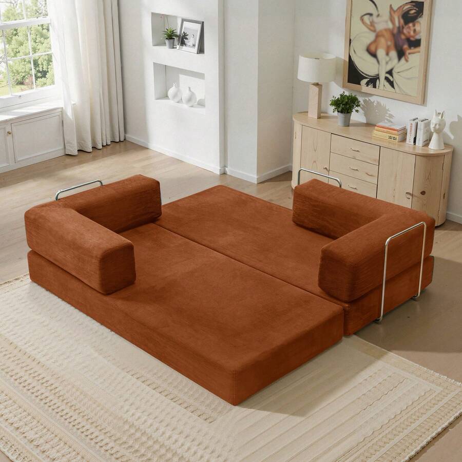 78.7" Foldable 3-Seater Fabric Sofa Bed With Square Armrests, Modular Compressible Living Room Sofa Set, Vintage Suede Comfortable Lounge Chair Sofa, Lazy Sofa (Bean Bag), And Bedroom Sleeper Sofa Bed - 橘色 - 查看 1