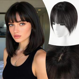 10 英寸夹式刘海，真人发刘海发夹，带 3 个安全夹，360° 覆盖顶部发片，带细刘海，适合女性增强面部特征