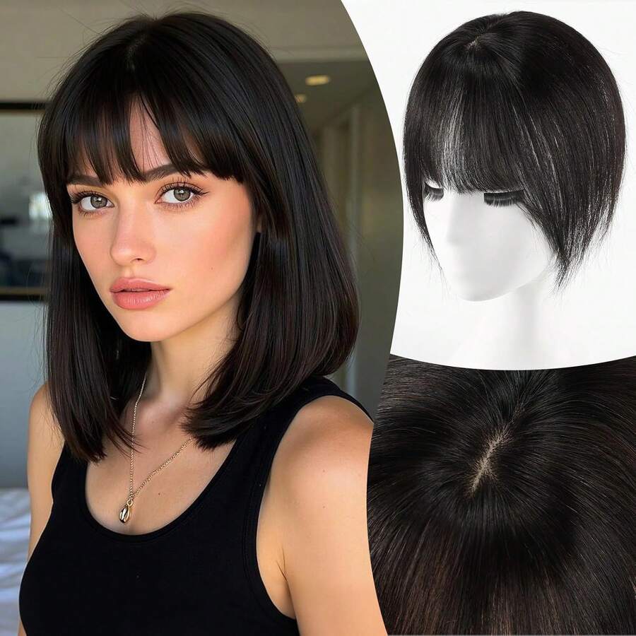 10英寸夹式刘海，真人发刘海发夹，配有3个结实夹子，360°全方位覆盖，轻盈刘海，适合女性，可修饰脸型。 - SNatural - 查看 1