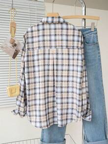 Casual Japanese Style Plaid Shirt, Women's Autumn/Winter Outerwear, Loose Fit Flattering Collared Long Sleeve Top With Unique Texture, Lightweight Sun Protection - Brown - View 2