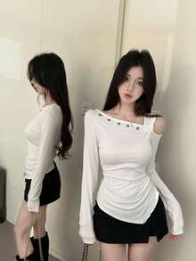 韩版设计不对称肩长袖T恤上衣，春季款