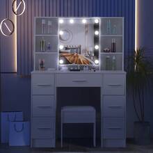 Tocador con espejo y taburete, 10 luces LED y apertura automática - Perfect For Organizing Makeup, Skincare, Elegant Vanity|Decorative Vanity, Vanity Furniture, Compact For Small Space, Bedroom Decor Gift, Perfect Gift For Women Girls , Ideal para regalos de Navidad y Halloween. - Blanco - Ver 7