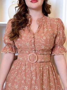 Women's Midi Dress With Belt And Lined Buttons, High Neck, Embroidered Layse, Covered Back, Modest Evangelical Christian Fashion - MM Modas Oficial - Terracota - Ver 2