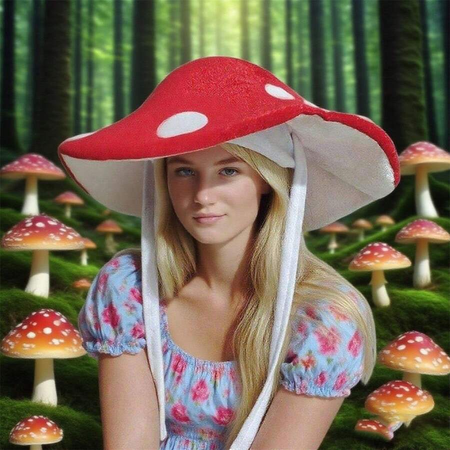 Stand Out In Style With Our Plush Polka Dot Mushroom Beret Party Hats - Red And Purple Options Available - 紅色 - 查看 1