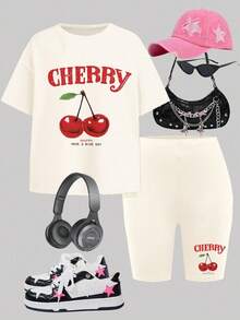 Conjunto informal de 2 piezas de niña preadolescente, conformado por una camiseta de manga corta y pantalones cortos, con un patrón de cereza vintage, apropiado para el verano - Multicolor - Ver 3