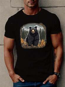 Black Bear Print T Shirt, Tees For Men, Casual Short Sleeve T-shirt For Summer