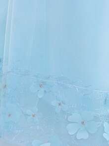 女童圆领长袖蕾丝网纱3D花朵蝴蝶结优雅花童礼服，适合正式派对、生日等场合，不含头饰 - 淺藍色 - 查看 7