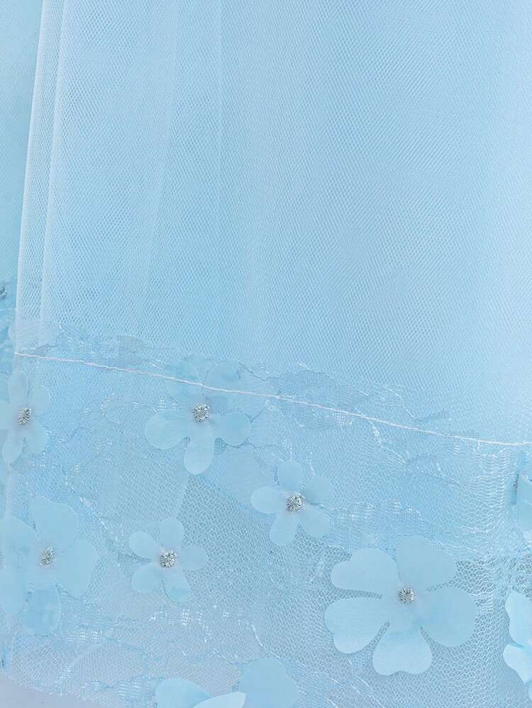 Vestido elegante de niña para fiesta formal, cumpleaños, con cuello redondo, manga larga, encaje, malla 3D con flores y moño, excluye diadema - Celeste - Añade 7