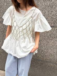 DEKUNER Handmade Beaded Camisole, Cardigan, Hollow Out Vest, Sweet & Cute Style, Versatile, Fashionable Outerwear, Slimming, Suitable For Women's Daily Commute Outfit - Bright Silver - View 3