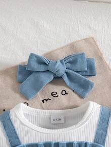 Bộ đồ liền thân tay lửng thêu hoa dễ thương cho bé gái mùa thu/đông màu xanh dương kèm tất họa tiết hoa và băng đô màu xanh - Màu xanh lam - Xem 9