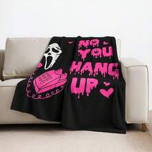 1 件舒适法兰绒毯子，带有经典鬼脸、复古电话和“NO YOU HANG UP”文字，结合恐怖和别致风格，适合电影迷或独特装饰追求者、卧室装饰、野餐、旅行、羊毛毯、床毯、毛绒毯、休闲毯、秋季毯、夏季被子 - 彩色 - 查看 8