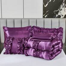 8 Pieces Satin Comforter  Set Queen/King Size Bed In A Bag Silky Bedding Set For Bedroom Decor Girls Pink Ruffled Comforter Set With Sheet Set Soft And Luxury Bedding Comforter Set Thread Count 1000 Silk Like Satin Bedding Set For All Seasons - Purple - View 9