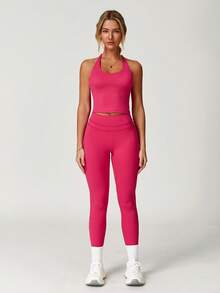 MASKERT "2-Piece Set"Women's Vest Yoga Tight Pants Set, High Stretch Running Sports Set, Comfortable And Skin Friendly - Màu Hồng Tươi - Xem 4