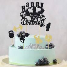 1 件/13 件健美主题生日蛋糕装饰 - 黑色闪光生日快乐蛋糕装饰 - 生日 / 杠铃 / 运动主题派对用品 - 送给男士的最佳礼物 - 彩色 - 查看 11