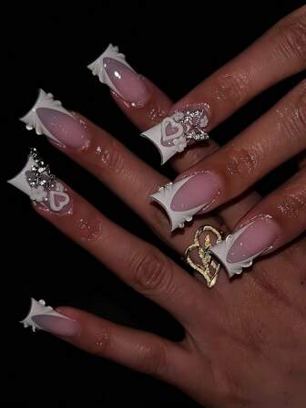 24Pcs Long Square Duck Nail Press On Nails, Glam Rhinestone And 3D Heart Charm Design, Elegant Pink And White Gradient With Floral Accents, Comfortable, Easy To Apply, Durable Shine, Includes Jelly Glue & Nail File, Perfect For Women'S Party, Events & Daily Wear Nail Supplies Nails