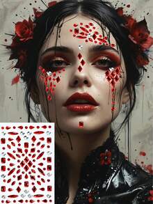 1pc Red Rhinestone Face Sticker, Suitable For Halloween Blood Tear DIY Decoration, Bridal, Stage Performance, Holiday Party, Gathering Makeup, Available In Various Shapes Like Diamond, Round, Teardrop, Oval, Customizable For Both Men And Women