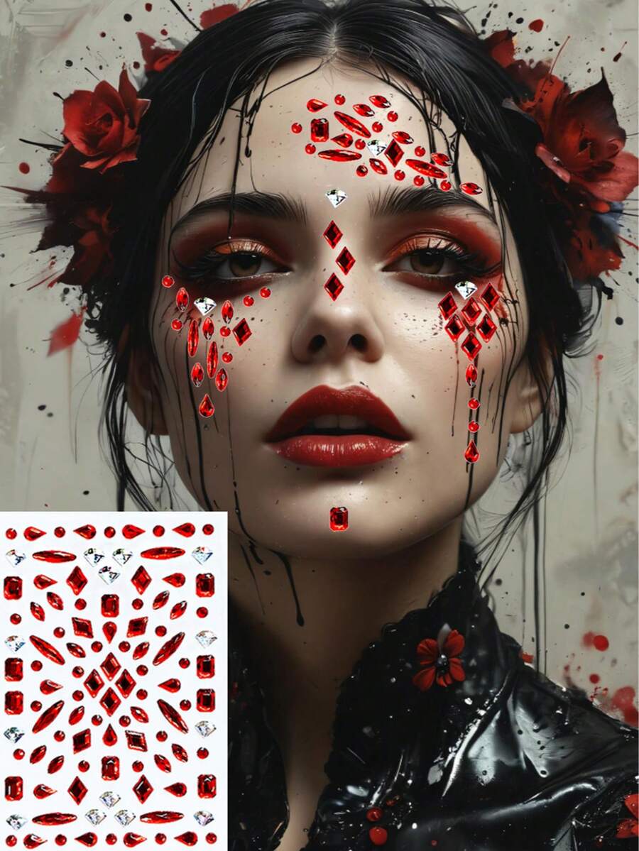 1pc Red Rhinestone Face Sticker, Suitable For Halloween Blood Tear DIY Decoration, Bridal, Stage Performance, Holiday Party, Gathering Makeup, Available In Various Shapes Like Diamond, Round, Teardrop, Oval, Customizable For Both Men And Women