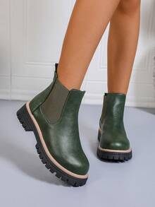 Women's Fashionable 2024 Autumn/Winter Green Chelsea Ankle Boots, Women's Elegant Low Heel Faux Leather Princess Boots, Solid Color Fashionable Retro Elegant Casual Outdoor Festival