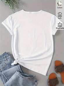 "Playera Blanca de Mujer 180g de Algodón con Cuello Redondo y Manga Corta, Estilo Casual con Estampado 'Hot Mess Always Stressed Baseball Mama', Perfecta para Fanáticas del Béisbol y Looks Diarios" - Blanco - Ver 4