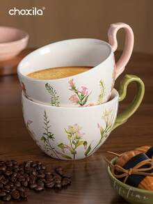 1pc百合花图案咖啡杯大容量陶瓷杯带盖多功能早餐杯牛奶杯酸奶碗 - 百合帶蓋咖啡杯 - 查看 4