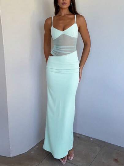 A Sexy Gauze Gauze Splicing Asymmetrical Hollow Halter Slimming Dress Multi-Color Optional