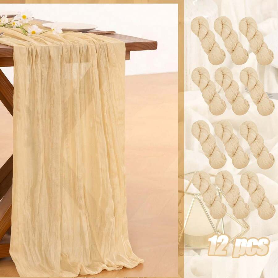 eluckya 12pcs Soft Cheesecloth Balinese Table Runners, 6 Feet Long Tulle Fabric, Suitable For Bohemian Style Wedding Party, Bridal Shower, Home Decor, Baptism And Christmas Table Decoration. - Rượu sâm banh - Xem 1