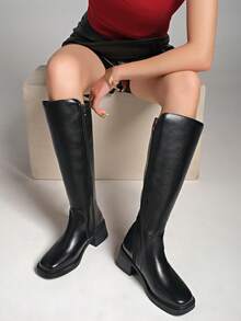 Fall/Winter 2025 New Leather Mid-Heel Over-The-Knee Riding Motorcycle Boots, Simple & Versatile High Shaft Boots For Women, Black