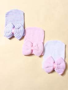 Set de 3 gorros de bebé recién nacido con lazo tejido, adecuado para otoño/invierno