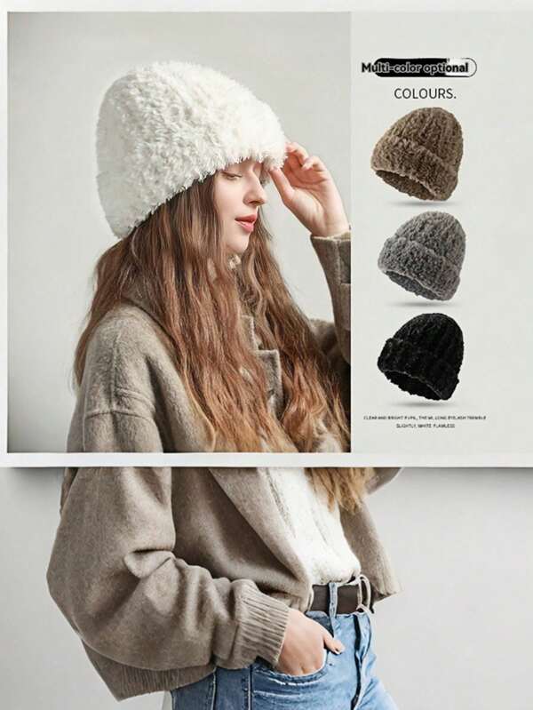 Um grande chapéu de lã para mulheres, chapéu de malha de outono e inverno, pequeno, quente, de veludo branco, acessórios para chapéu frio, adequado para esposa, amigos, família, dia dos namorados, presente ideal de ano novo