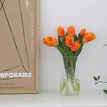 10PCS Artificial Flowers With Vase, Faux Tulip Flower Artificial Flowers Bouquet In Glass Vase, Faux Flower Arrangement Suitable For Home Office Decoration, Dining Table Centerpiece - 透明+花瓶/日落+鬱金香 - 查看 6