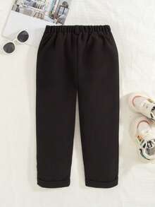 Pantalones casuales de unicolor para niños con cintura elástica, decoración de botones falsos y bolsillos, para primavera/otoño