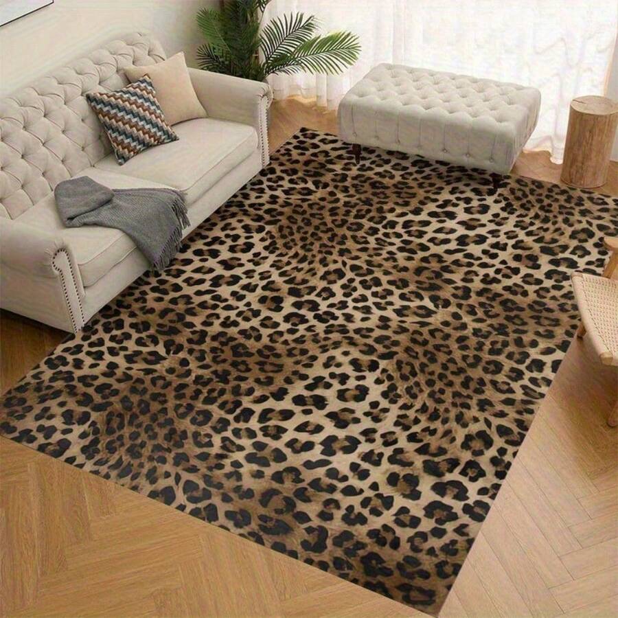 1Pc Large Large Leopard Print Area Rug - Brown & Black Animal Print, Non-Slip Backing, Machine Washable Easy Clean Floor Rug,  Rugs For Living Room, Bedroom Or Office, Sofa, Coffee Table, Kitchen, Bathroom, Balcony, Entrance Carpet, Apartment, Dormitory Decor - Durable Polyester Indoor/Outdoor Rug, Minimalist Style Rug, Coffee Table Rug, Decorative Rug, Home Decorators, Low Pile Carpet - Style 1 - View 1