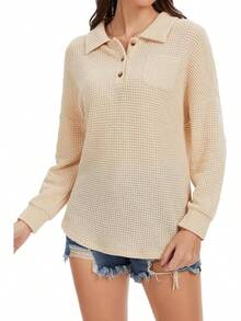 Womens Tops Waffle Knit V-Neck Long Sleeve T-Shirts Button Down With Pockets Tunic Fashion ClothingChristmas - 杏色 - 查看 5