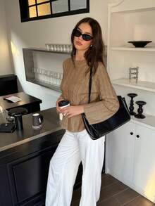 FOR BEAUTY 秋冬新款纯色圆领扭结针织长袖毛衣女款，时尚宽松简约休闲通勤套头针织衫，新年款 - 中杏 - 查看 2