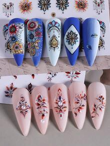 2/6 件 3D 波西米亚风格指甲贴纸，神秘哥特式曼陀罗花卉印花贴花雕刻美甲装饰贴片，美甲配件工具，美甲用品 - 彩色 - 查看 9