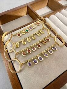 1 件时尚铜镶嵌方形立方氧化锆连接指环，闪亮锆石流苏链项链，适合女士，奢华黄金首饰，适合日常、婚礼、派对配饰，婚礼季节礼物