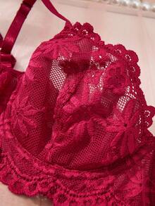 2PCS Women's Red Sexy Set With Steel Rim Lace Bra And Underwear Set Lace Two Pieces Underwear Red Christmas Gift, Sexy Flower Embroidered Mesh Translucent Underwear Set, Suitable For All Seasons