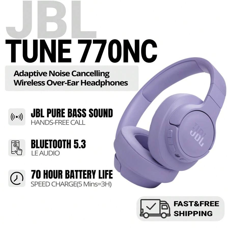 JBL TUNE770NC - 自适应降噪，带智能环境音效的无线头戴式耳机，蓝牙 5.3，快速充电续航时间长达 70 小时，轻巧舒适，可折叠设计（紫色）