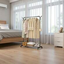 31.49 Inch Versatile Metal Garment Rack With Adjustable Shelves, Convenient Hooks, And Smooth-Gliding Wheels, Dual Bar Clothing Rack Perfect For Hanging Clothes, Bags, And Accessories, Ideal Multipurpose Wardrobe Storage Organizer For Home, Office, Or Retail Spaces, Enhance Your Organization And Style Effortlessly