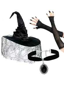 1 套万圣节蜘蛛网女巫帽、网状露指手套、黑宝石项链 3 件套角色扮演派对配饰 - A - 查看 1